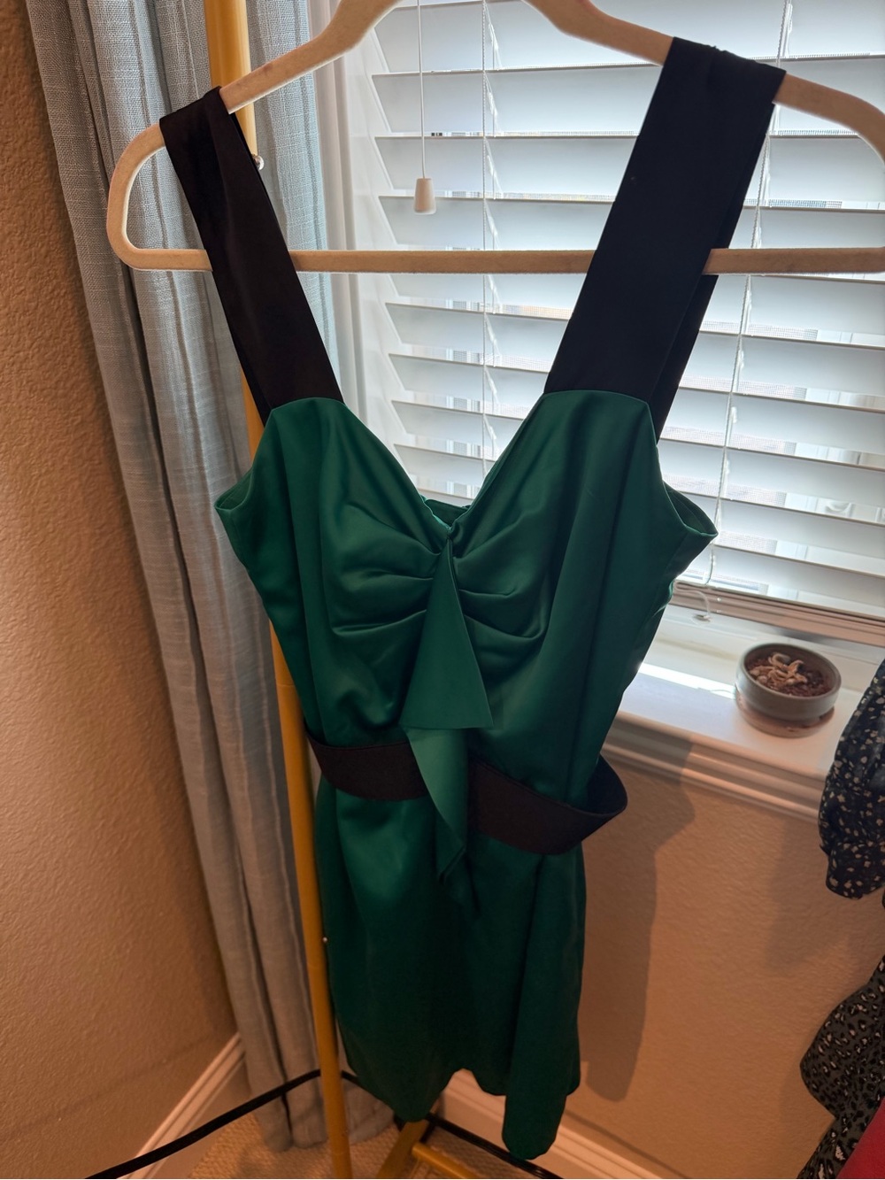BCBGeneration Emerald Green Satin Mini Dress with Black Straps